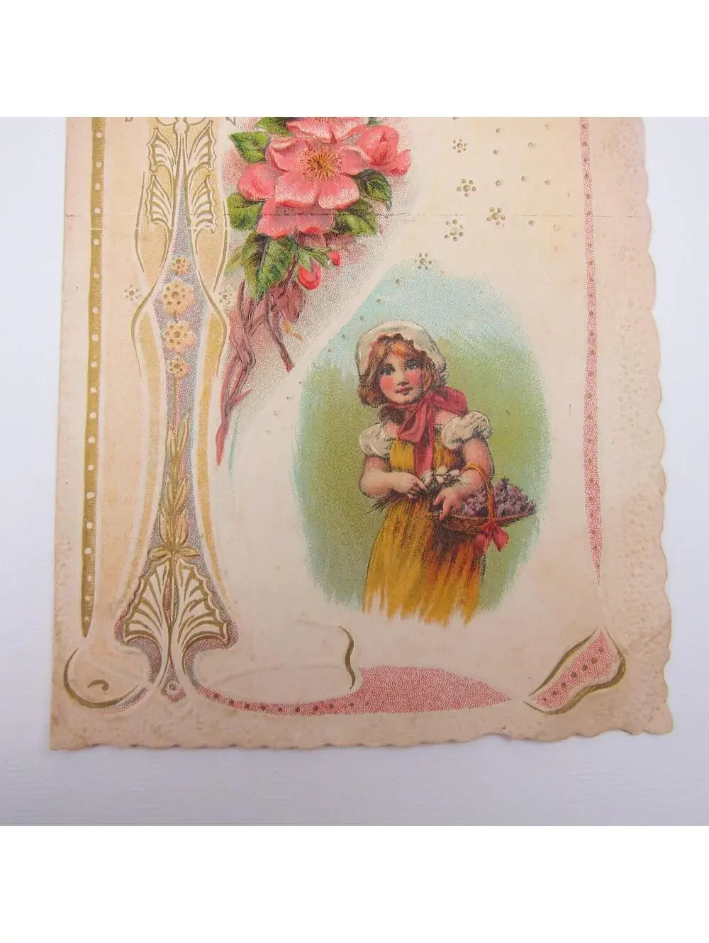 Valentine Card Girl Bonnet Yellow Dress Flowers Embossed Die cut Bifold Antique